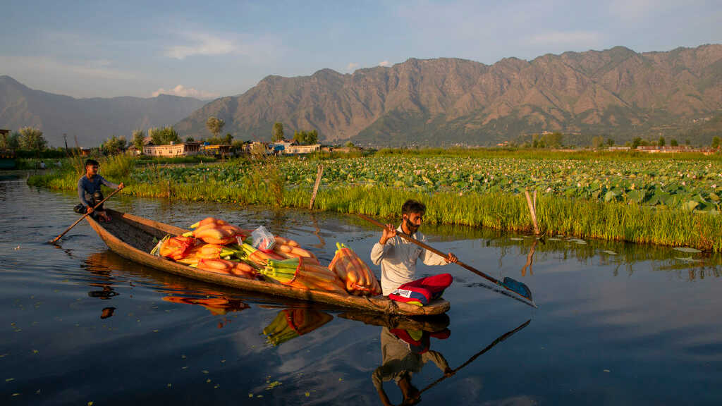 Kashmiris row their shikara filled with vegetables on the Dal lake in Srinagar, Friday, Aug. 7, 2020. 