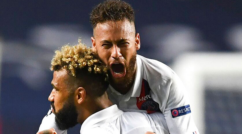 Neymar celebrates with teammate Eric Maxim Choupo-Moting after his team's win in the Champions League quarterfinal match between Atalanta and PSG at Luz stadium, Lisbon on Wednesday.