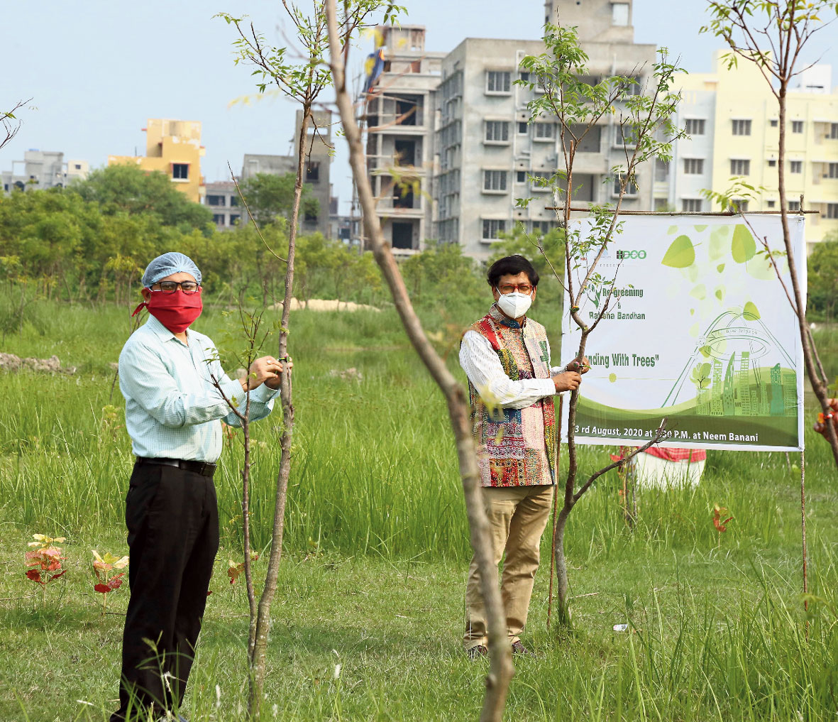Officials of New Town Kolkata Development Authority, including chairman Debashis Sen (right), celebrated Rakhi Bandhan by tying rakhis to trees. Held at Neem Bonani, the event was meant to create a bond with trees
