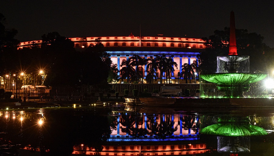Parliament House illuminated on the eve of Independence Day, in New Delhi.