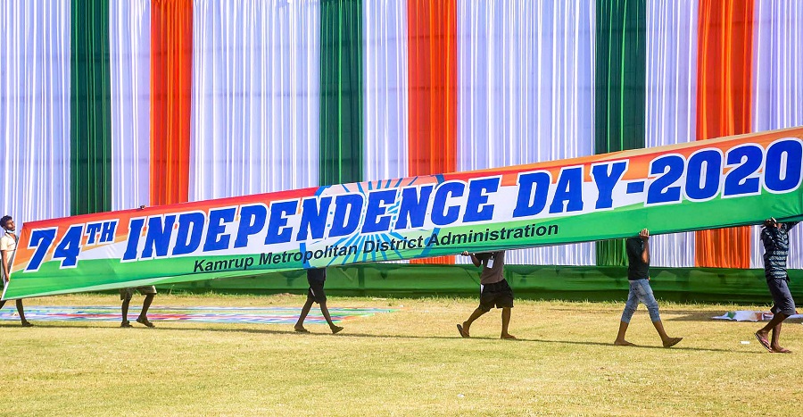 Workers busy in preparations for the upcoming 74th Independence Day celebrations, at Judge’s field in Guwahati.