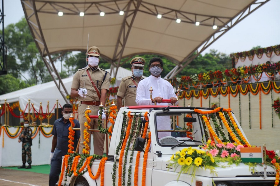 Hemant Soren inspects the parade at Morabadi Ground in Ranchi on Saturday.