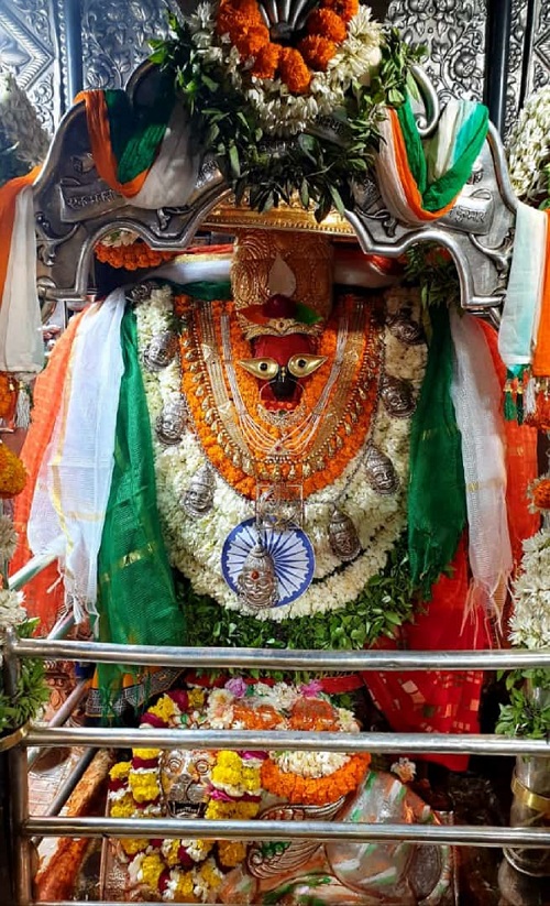 Goddess Vindhyavasini draped in the Tricolour at her temple near Mirzapur, UP on Saturday. 
