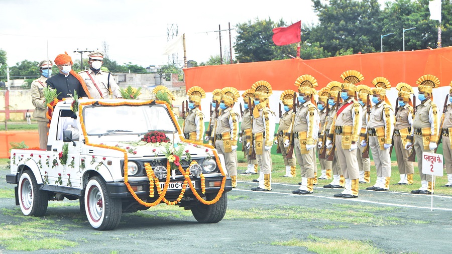 Deputy Commissioner (DC) Dhanbad, Uma Shankar Singh (in turban) along with Dhanbad City SP, R Ramkumar (left of DC) inspecting the parade during the 74th Independence Day celebrations at Golf ground in Dhanbad today