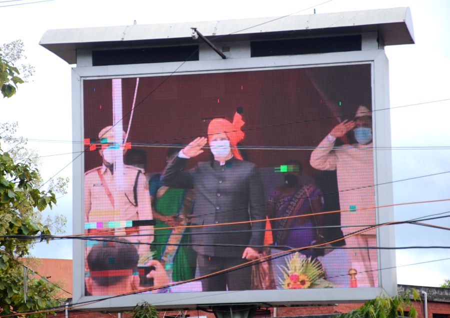 Dhanbad DC Uma Shankar Singh along with Dhanbad City SP, R Ramkumar (left of DC) inspecting the parade during the 74th Independence Day celebrations at Golf ground in Dhanbad today