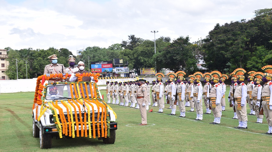 State health minister Banna Gupta inspects a parade during Independence Day celebrations at Gopal Maidan in Jamshedpur on Saturday