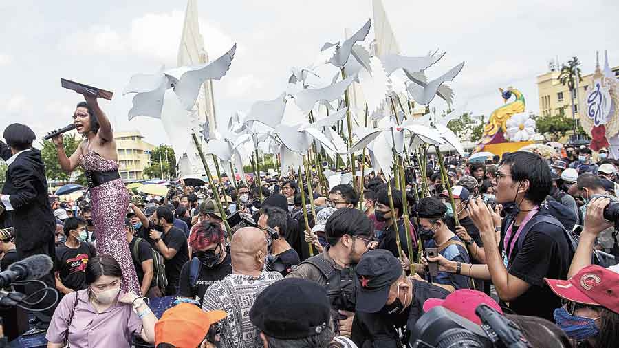 Pro-democracy activists during the protest in  Bangkok on Sunday