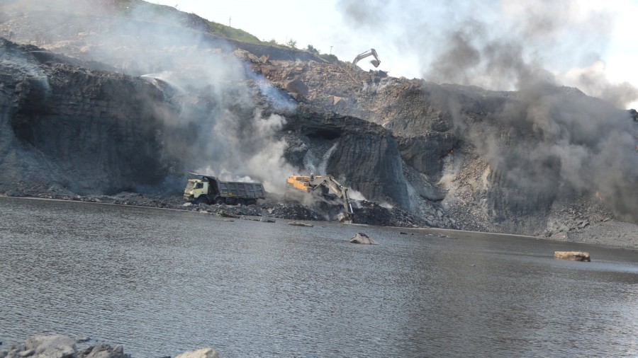 Waterlogging at an open-cast mine in Dhanbad on Friday. 