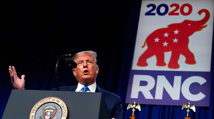 President Donald Trump speaks on stage during the first day of the Republican National Committee convention, Monday, August 24, 2020, in Charlotte.