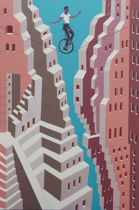 Stumble 2020 (acrylic on canvas) shows Gigi Scaria returning to his familiar visual language of exploring architectural structures and spaces, albeit with a dose of stagnation suitable for our times built into it.