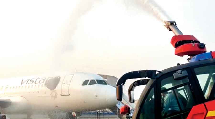 Water cannons being used to wash away the bees from one of the Vistara aircraft