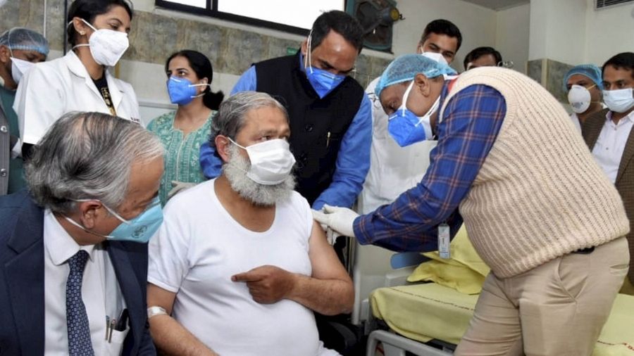 Haryana health minister Anil Vij receives trial dose of Covaxin at Ambala on November 20.