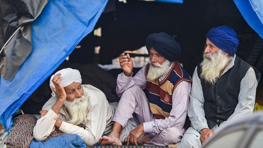 Farmers during their protest at the Singhu border outside Delhi, on Thursday.