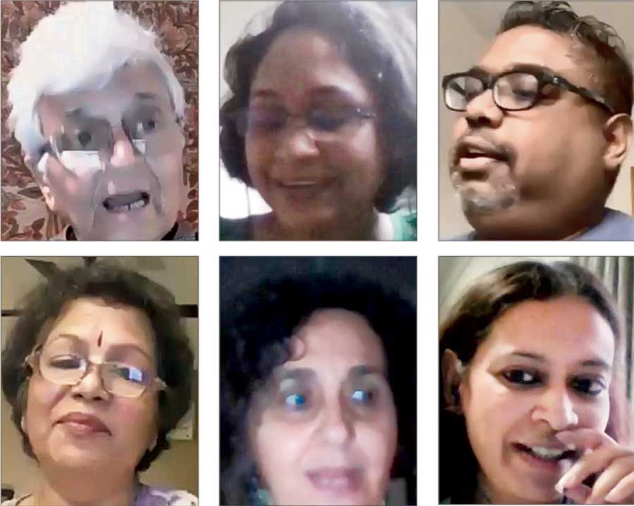Some of the participants at the virtual session on Sunday. (Clockwise from top right) Kamla Bhasin, Sameena Dalwai, Philip Vinod Peacock, Amrita Dasgupta, Jael Silliman and Anees Wahhab 