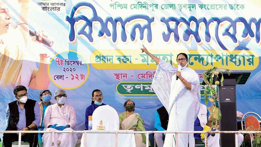 Mamata addresses the rally in Midnapore on Monday.