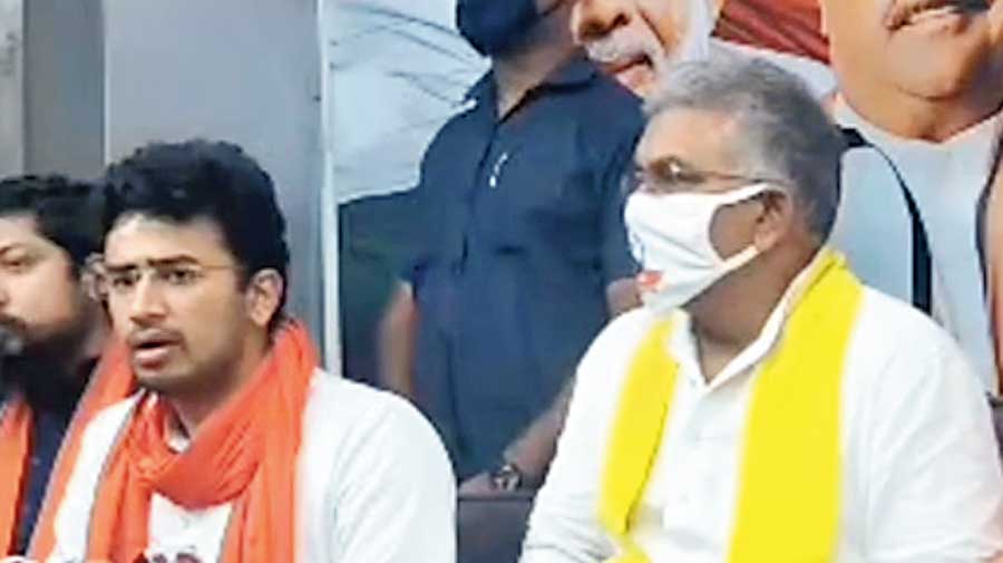 Tejasvi Surya and Dilip Ghosh during a press meet