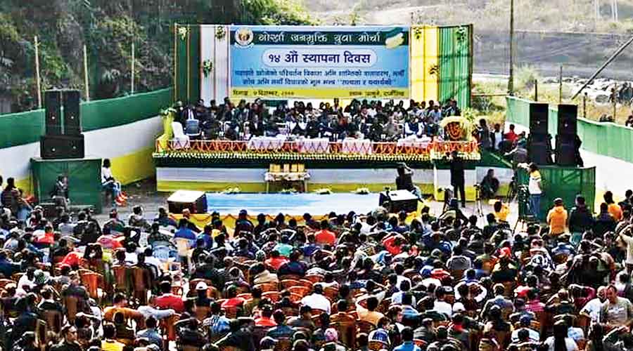 The public meeting of the Binay Tamang faction’s youth front in progress at Jamuni in Tukvar, on the outskirts of Darjeeling, on Monday