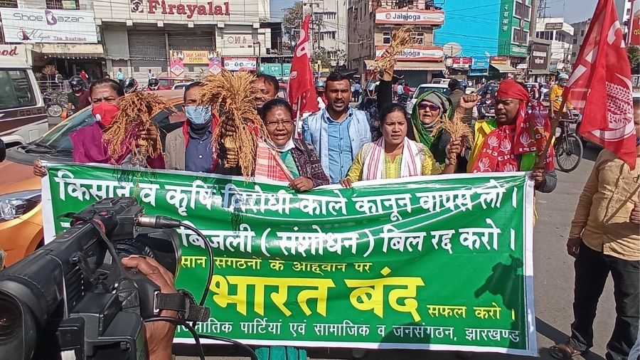 Tribal outfits take to Ranchi roads with paddy to support Bharat Bandh on Tuesday.