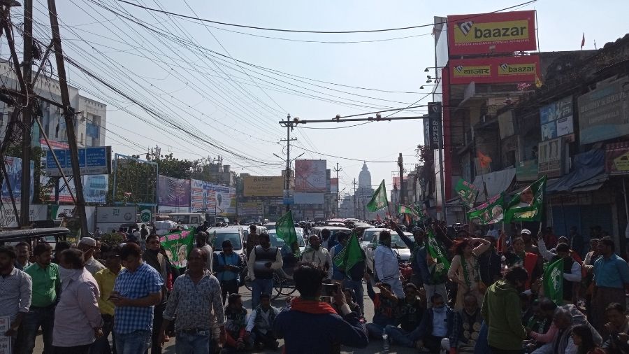 Protesters block the Main Road in Ranchi to stage a demonstration during Tuesday's Bharat Bandh. 
