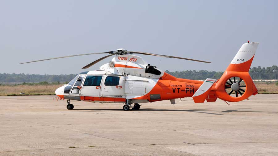A Pawan Hans Dauphin AS365N3 helicopter on the tarmac at Rajahmundry Airport. The Department of Investment and Public Asset Management (Dipam) on Tuesday issued a fresh request for proposal (RFP) to invite bids for Pawan Hans. Any domestic or global player registered with Sebi can submit its bid by January 19, while shortlisted bidders will be intimated about selection by February 17.