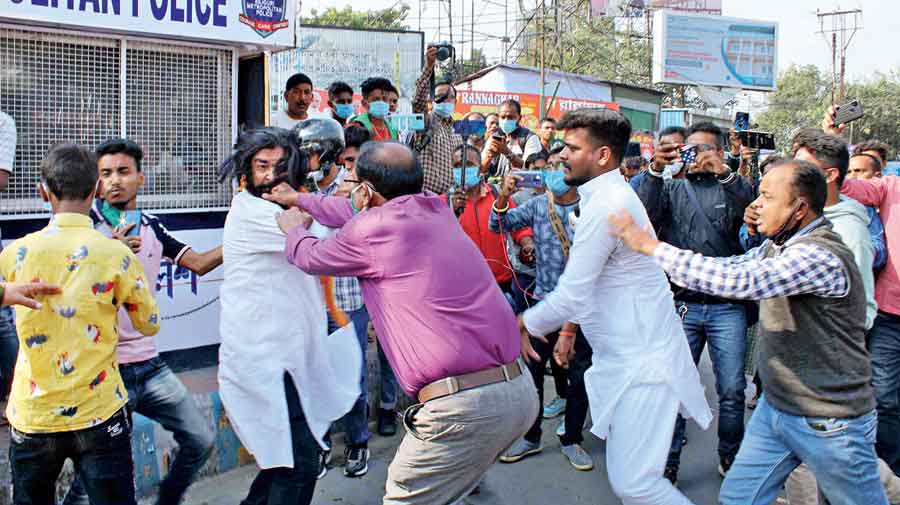 BJP and Trinamul supporters clash at Air View More in Siliguri on Tuesday. 