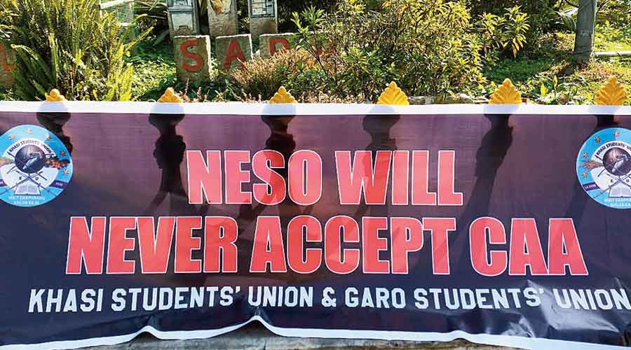 A Neso banner against CAA in Shillong on Friday