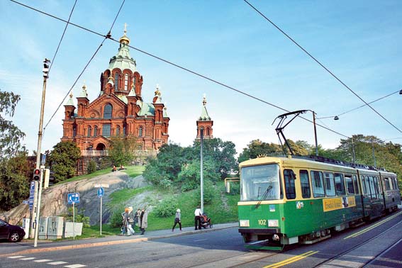 Both the Uspenski Cathedral as well as the yellow-and-green streetcar are Helsinki icons