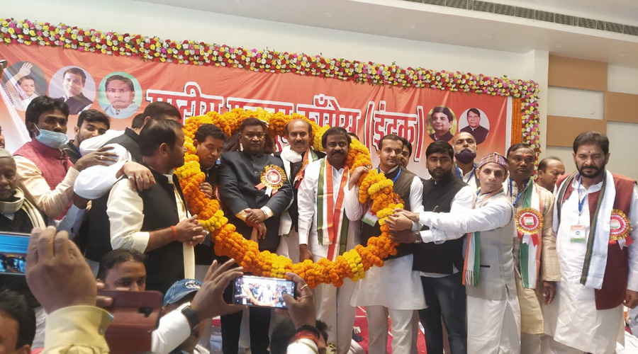 K.N. Tripathy (second from right) after being elected national president of Intuc at its AGM in Ranchi on Thursday.