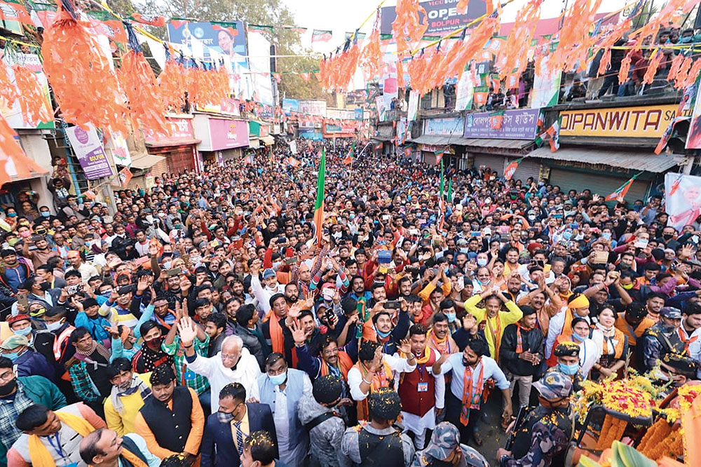 The crowd at the road show by Amit Shah in Bolpur on Sunday.