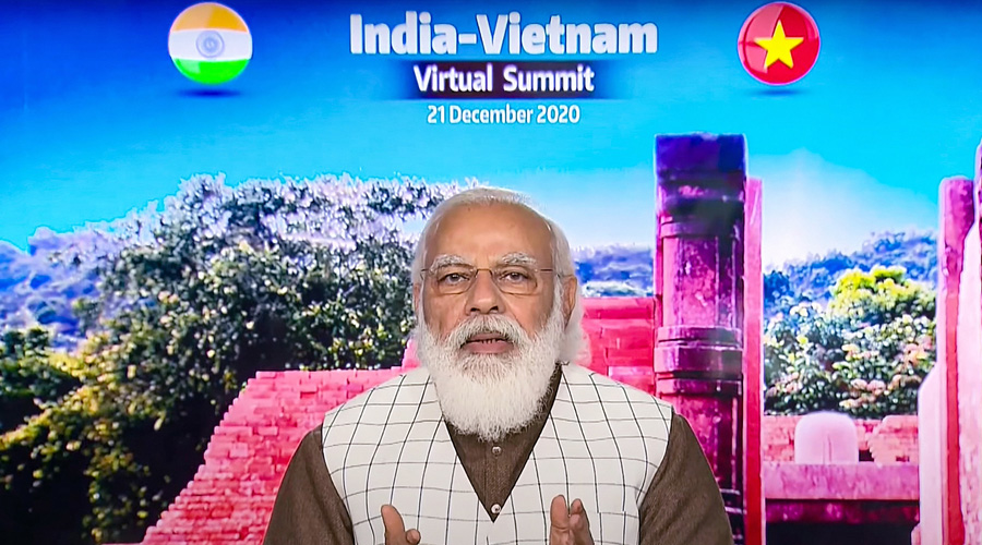 Prime Minister Narendra Modi addresses during a virtual bilateral summit with his Vietnamese counterpart Nguyen Xuan Phuc (unseen), in New Delhi on Monday. 