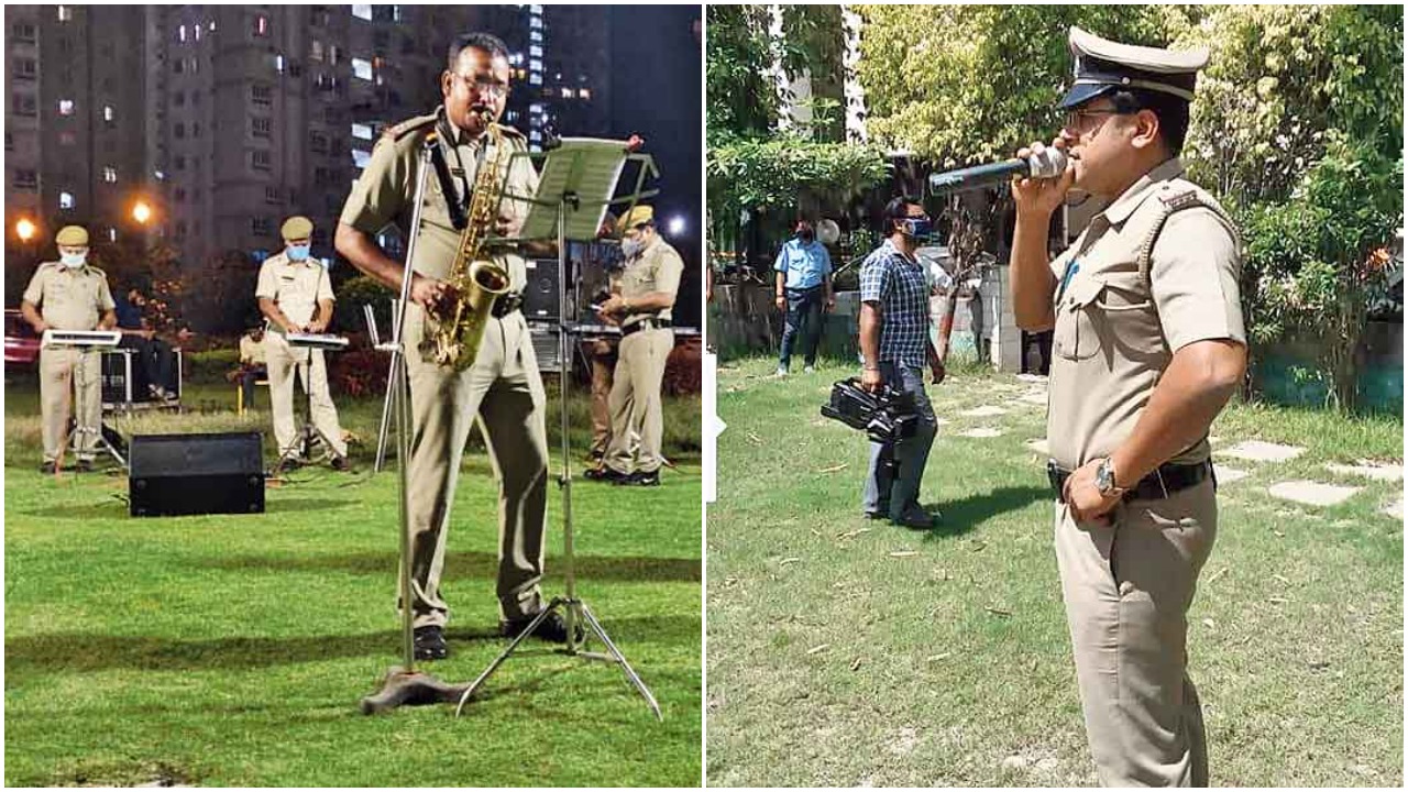 (Left) A saxophone recital in course of a performance at New Town Heights (Picture by Sameer Sharma) and sub-inspector Apurba Majumdar (right), the lead vocalist who reworked the original lyrics of SRK's Suno na suno na for the police band (Picture sourced by the correspondent)