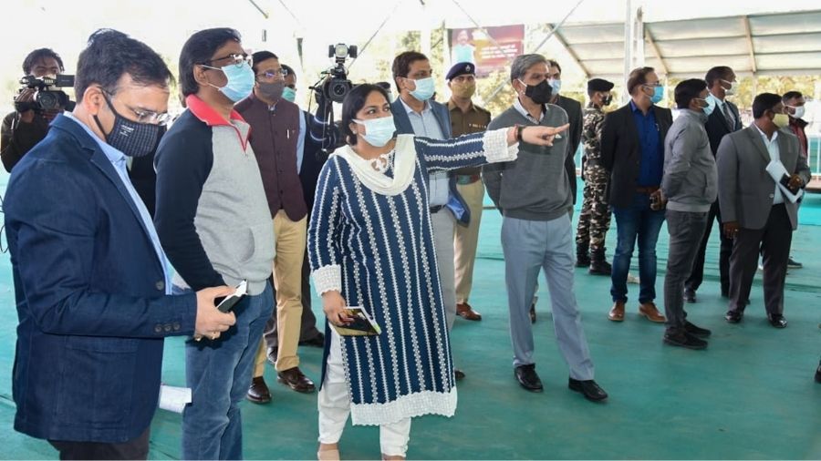 Chief Minister Hemant Soren  looks on as officials brief him about the preparation work at the Morabadi Stadium for the December 29 programme, in Ranchi, on Sunday.