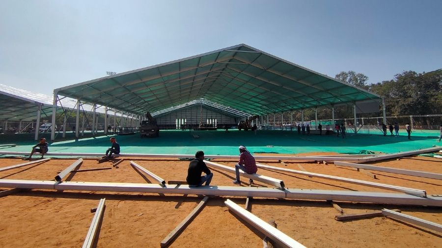 Stage being set at the Morabadi Stadium in Ranchi for the December 29 government event, on Sunday.