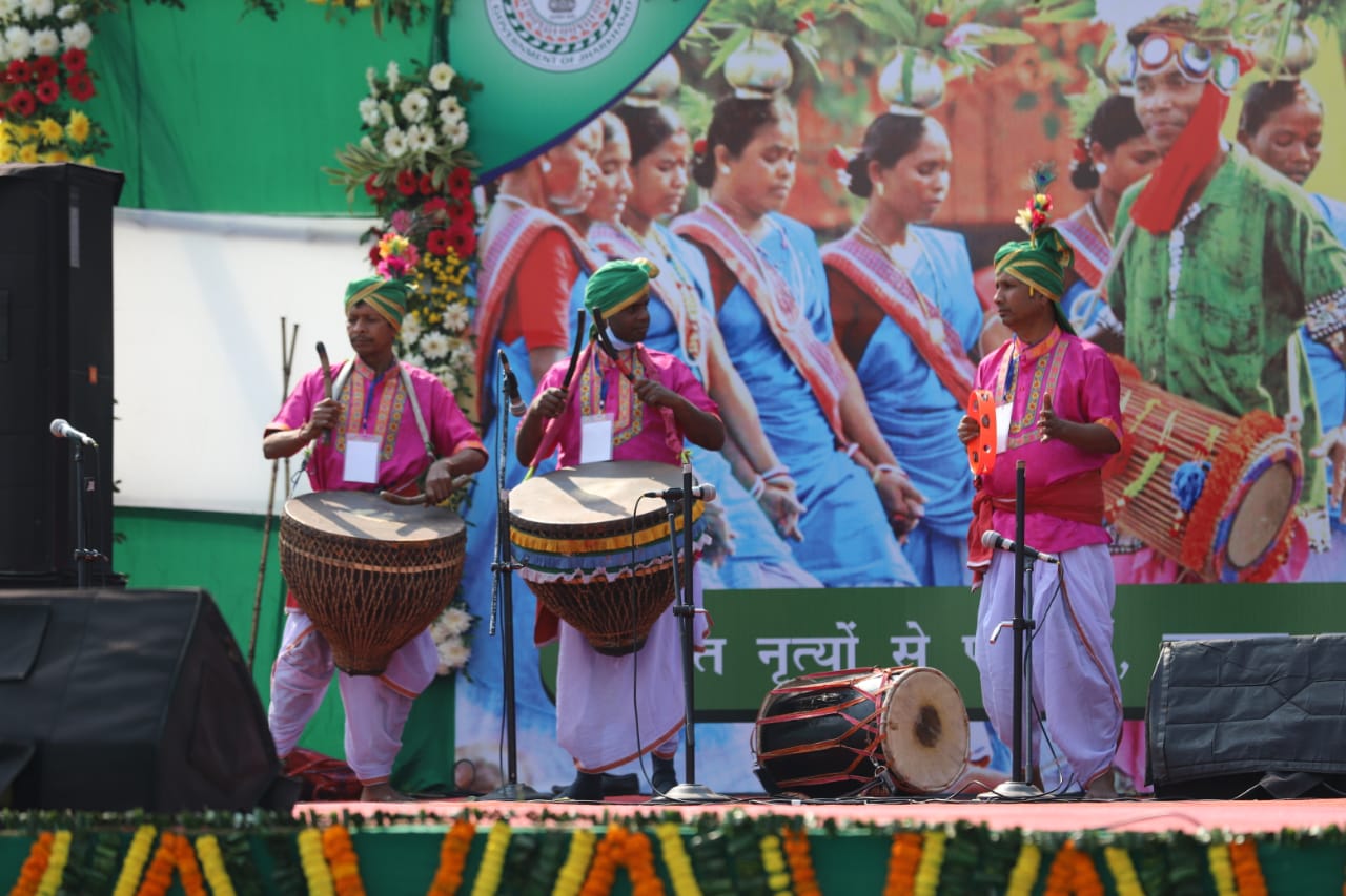 Performers beat their traditional drums at the government function at the Morabadi Stadium in Ranchi, on Tuesday.