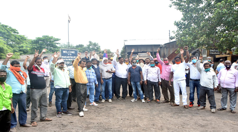 Coal workers demonstrate at Dhansar colliery in Dhanbad  on Thursday