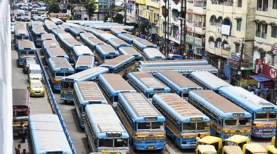 Parked: Private buses parked in a service road off VIP Road, near the Baguiati crossing, on Friday morning.