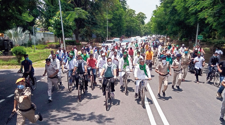 Tejashwi Prasad Yadav RJD cycle rally on fuel price hike