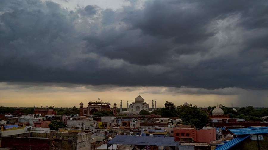 View of Taj Mahal as dark clouds hover in the sky, during Unlock 2.0, in Agra, Tuesday, July 7, 2020. 