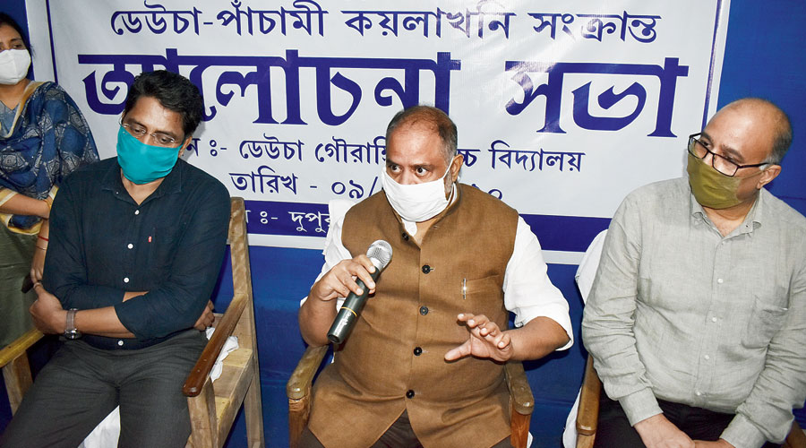 Rajiva Sinha (centre) and other officials at Deocha  on Thursday.