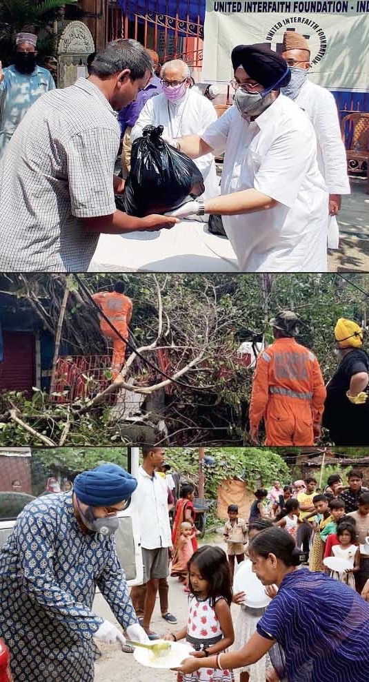 Satnam Singh Ahluwalia (right) and IHA Foundation volunteers, along with the United Interfaith Foundation-India members, distribute dry ration kits to migrants and daily wage workers; Satnam and his team from Kolkata Response Group assist the NDRF after the devastation caused by Cyclone Amphan in removing trees; Satnam serves cooked food to the underprivileged in slums of Calcutta and the suburbs with Gurdwara Behala and IHA Foundation volunteers