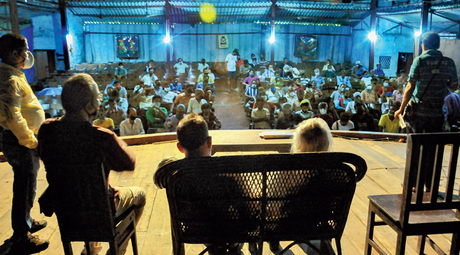 Backstage theatre workers hold a meeting in Calcutta on July 7 to discuss the steps needed to revive theatre in the wake of the pandemic.