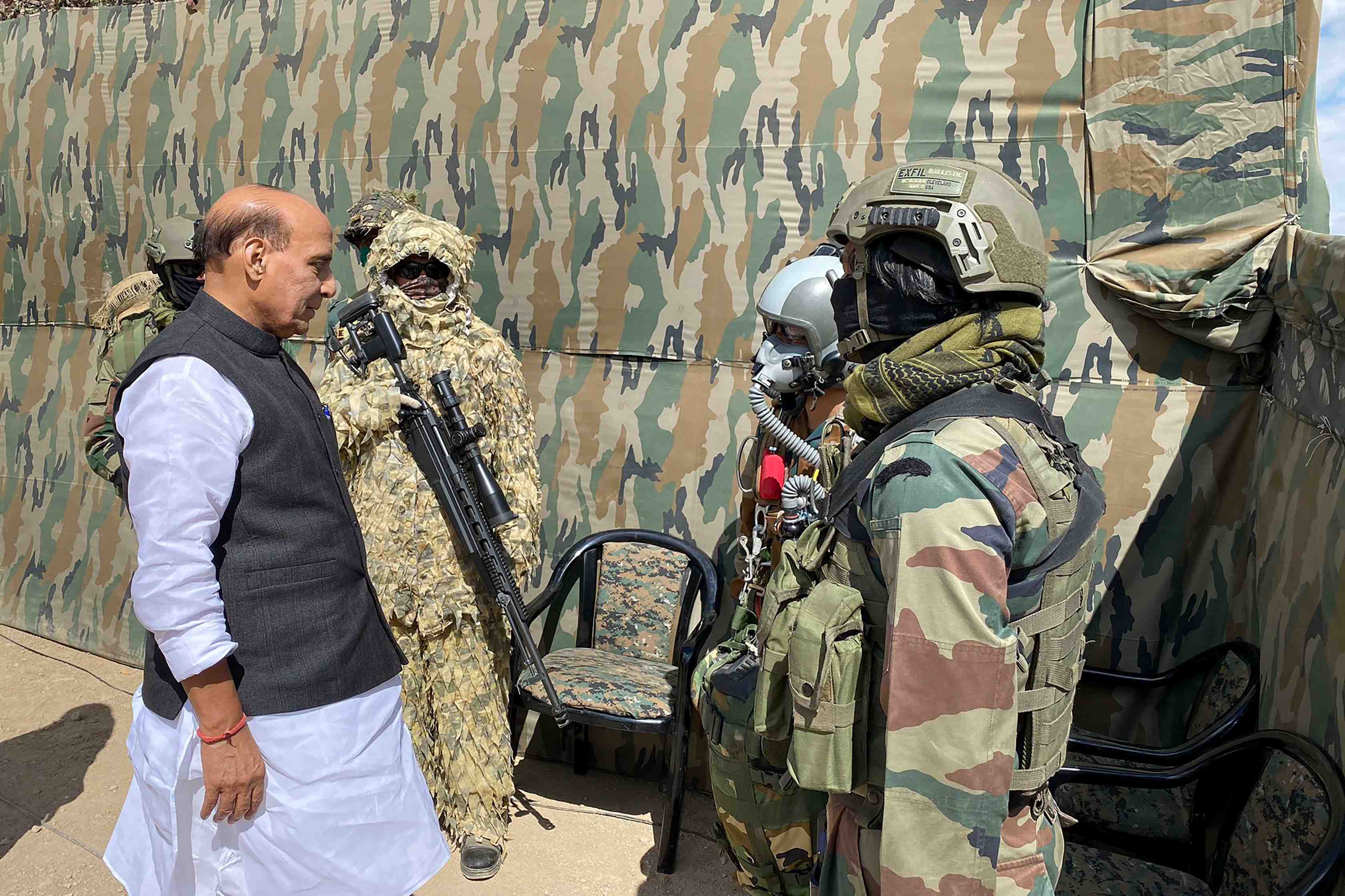 Defence minister Rajnath Singh interacts with the troops who participated in the para dropping and other military exercise at Stakna, in Leh, Ladakh, Friday, July 17, 2020