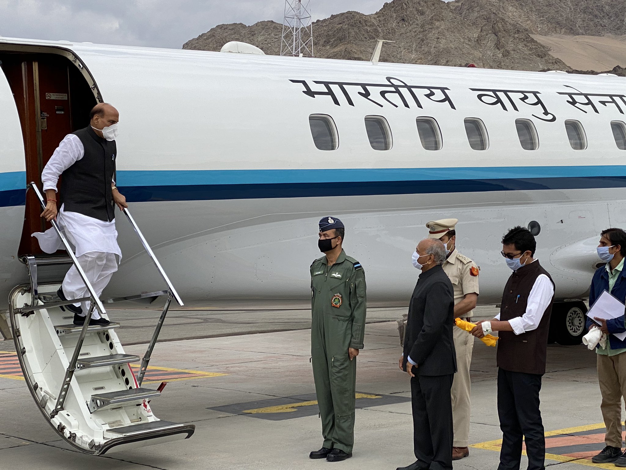 Defence minister Rajnath Singh arrives in Leh, Ladakh, Friday, July 17, 2020.