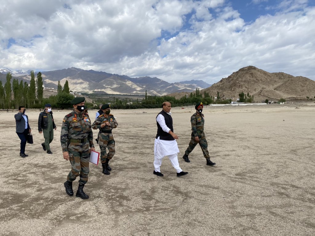 Defence minister Rajnath Singh arrives at Skatna in Leh, Ladakh, Friday, July 17, 2020.