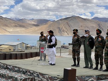 Defence minister Rajnath Singh talks to Indian Army pesonnel in Leh, Ladakh, Friday, July 17, 2020.