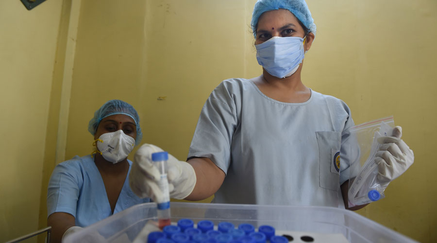 Health workers arrange samples for Covid-19 rapid antigen testing in New Delhi on Saturday.