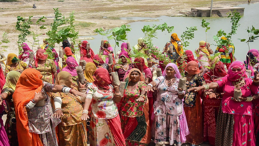 Women working under MNREGA scheme hold plants gifted to them as they take an oath to take care of them, on the occasion of Amavasya on the third Monday of the Hindu Sawan month, amid the ongoing COVID-19 lockdown, in Jodhpur, Monday, July 20, 2020.