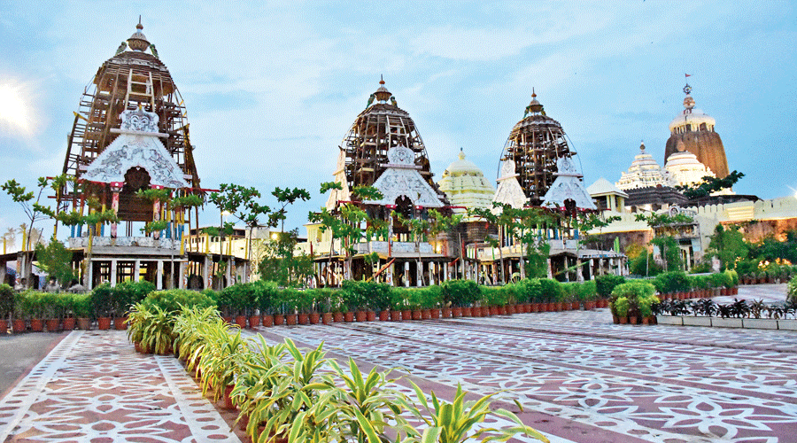 The three chariots in front of the Jagannath Temple in Puri. 