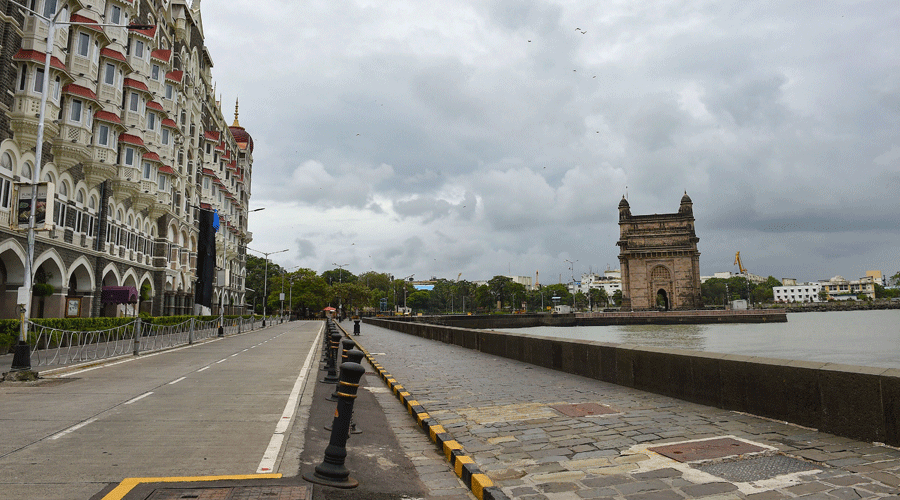City street wears a deserted look near Gateway of India in Mumbai on Thursday.