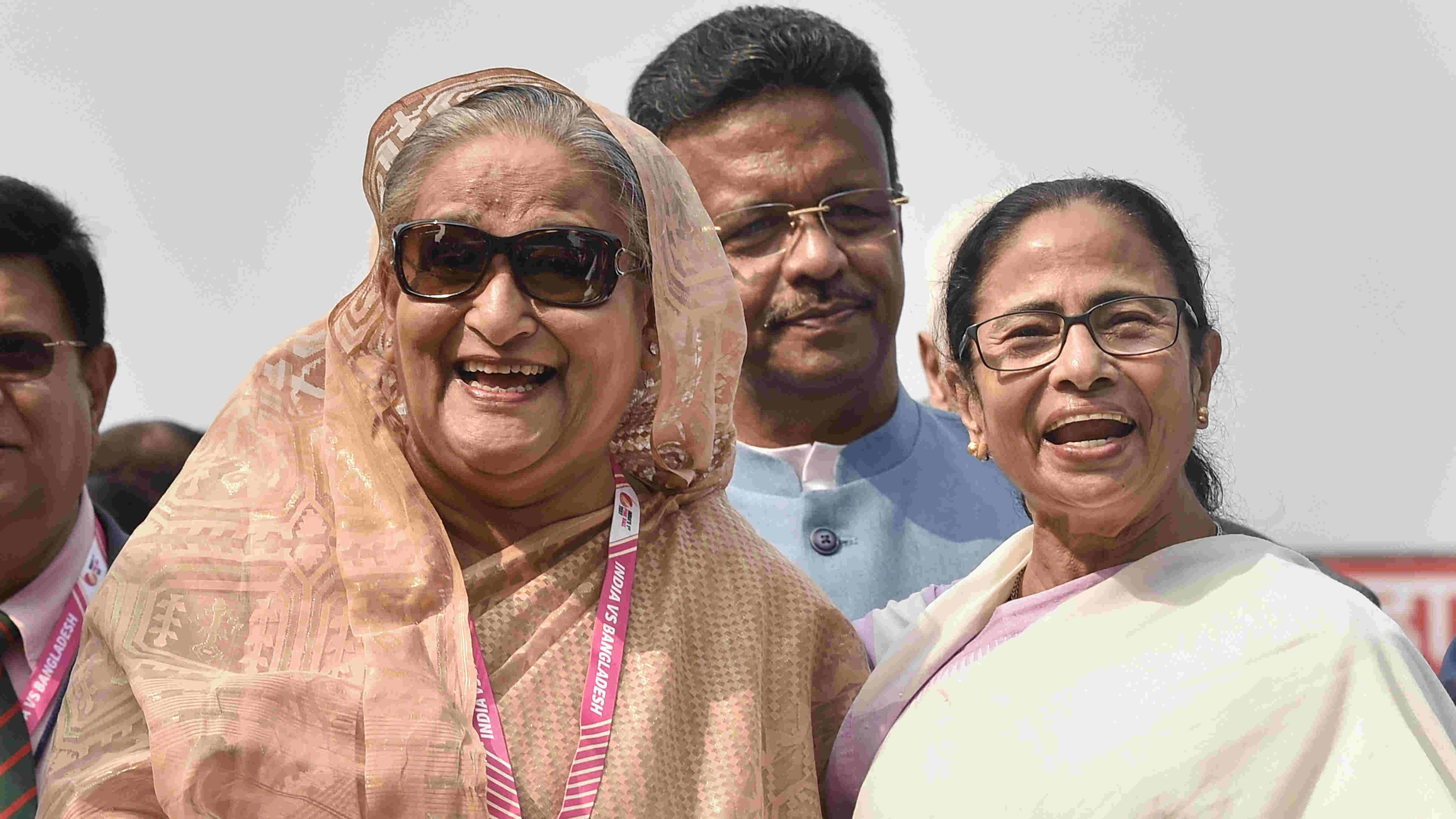 Bangladesh Prime Minister Sheikh Hasina and West Bengal Chief Minister Mamata Banerjee during the historic pink-ball day/night cricket test match between India and Bangladesh, at the Eden Gardens in Kolkata, on Friday, Nov. 22, 2019.